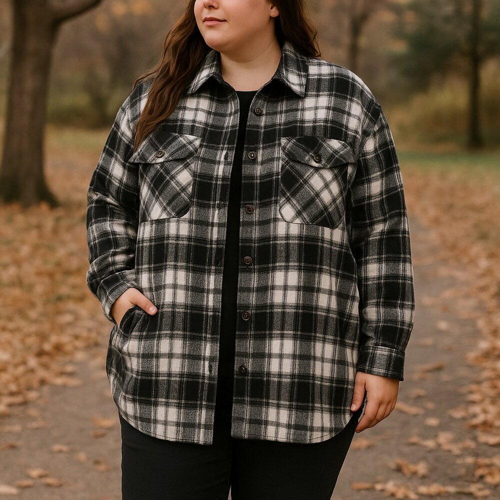 Plus Size Plaid Brushed Shacket Long Sleeve Button Down